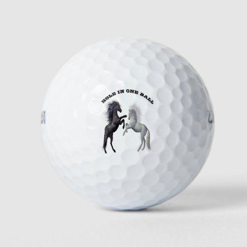 Black and a white Horse that are fighting Golf Balls