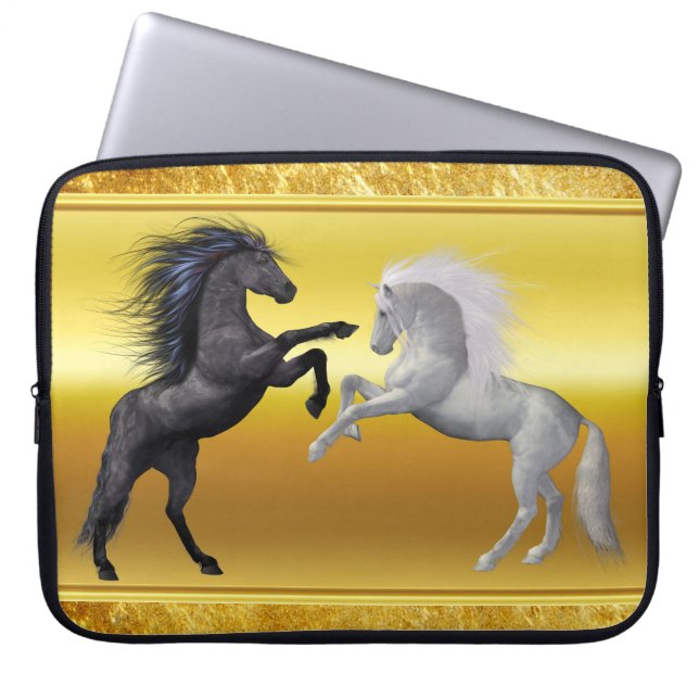 Black and a white Horse that are fighting Laptop Sleeve (Front)