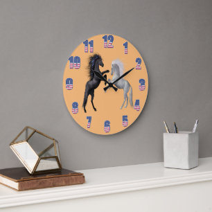 Black and a white Horse that are fighting Large Clock