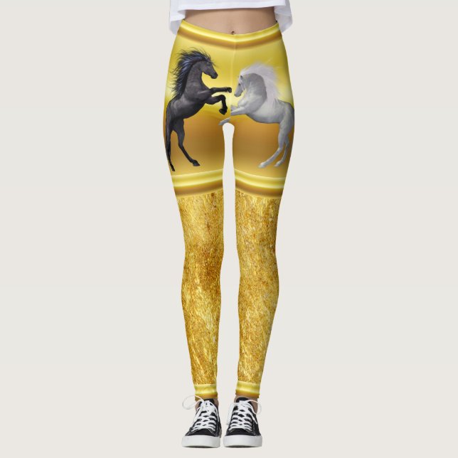 Black and a white Horse that are fighting Leggings (Front)
