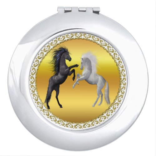 Black and a white Horse that are fighting Makeup Mirror