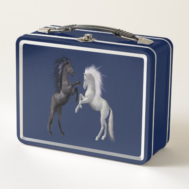 Black and a white Horse that are fighting Metal Lunch Box (Front)