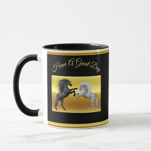 Black and a white Horse that are fighting Mug