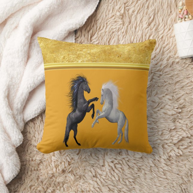 Black and a white Horse that are fighting orange Throw Pillow (Blanket)