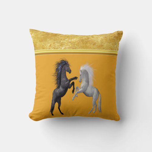 Black and a white Horse that are fighting orange Throw Pillow