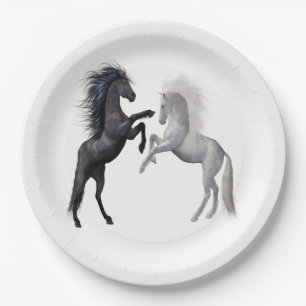 Black and a white Horse that are fighting Paper Plates
