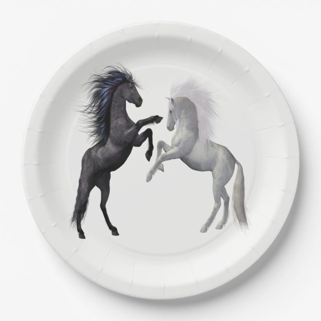 Black and a white Horse that are fighting Paper Plates (Front)
