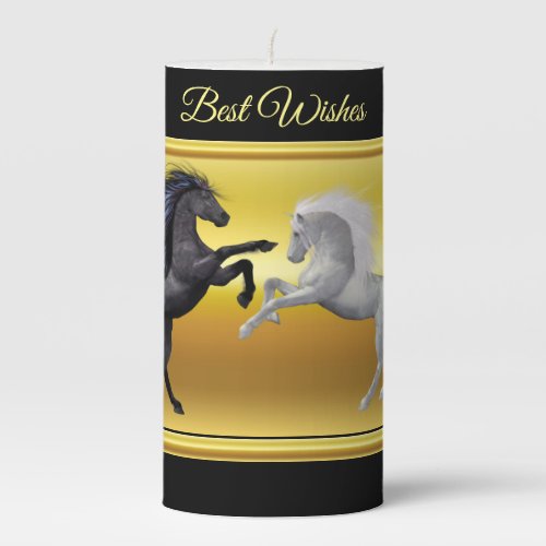 Black and a white Horse that are fighting Pillar Candle