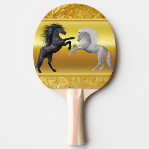 Black and a white Horse that are fighting Ping Pong Paddle