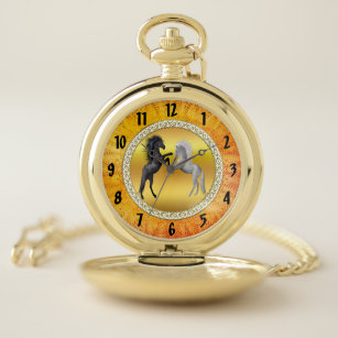 Black and a white Horse that are fighting Pocket Watch