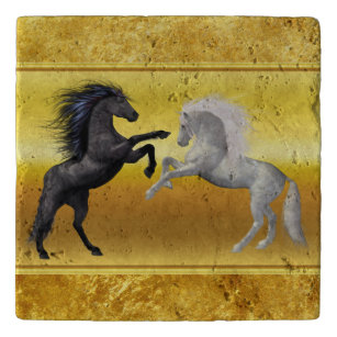 Black and a white Horse that are fighting Trivet