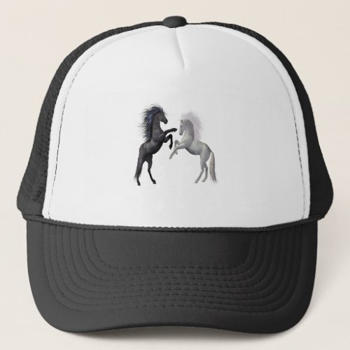 Black and a white Horse that are fighting Trucker Hat