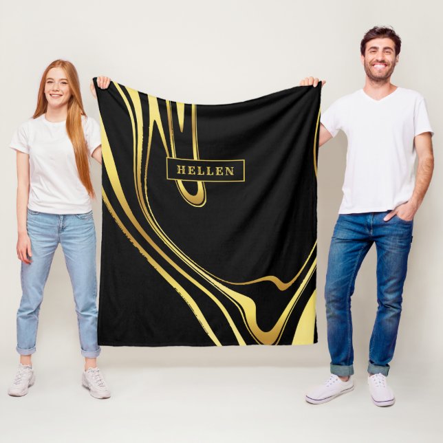 Black and abstract gold swirly design fleece blanket (In Situ)