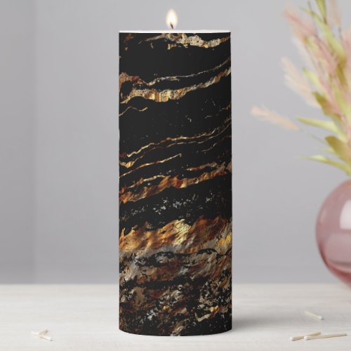Black and Aged Gold Abstract Marble  Pillar Candle