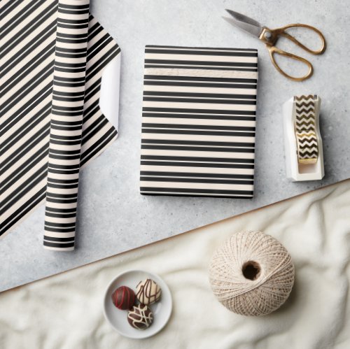 Black and Almond Cream Double Stripe Pattern Wrapping Paper