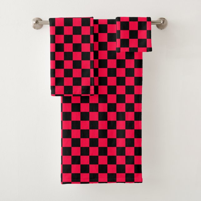 Black and American Rose Checkered Pattern Bath Towel Set (Insitu)
