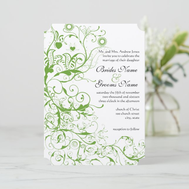 Black and Apple Green Bird Swirl Wedding Invite (Standing Front)