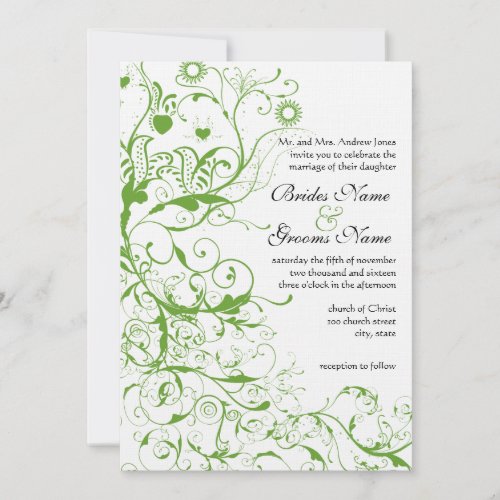 Black and Apple Green Bird Swirl Wedding Invite