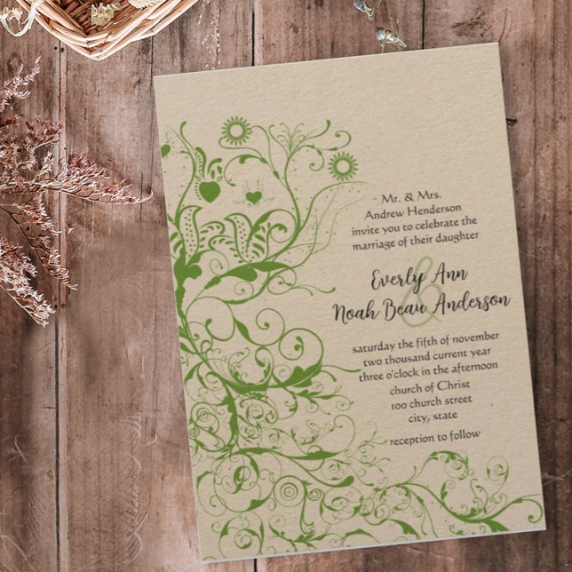 Black and Apple Green Bird Swirl Wedding Invite (Creator Uploaded)