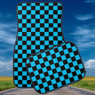 Black and Aqua Blue Checkered Car Floor Mat