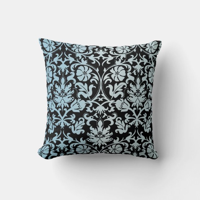 Black and Aqua Blue Floral Damask Throw Pillow (Front)