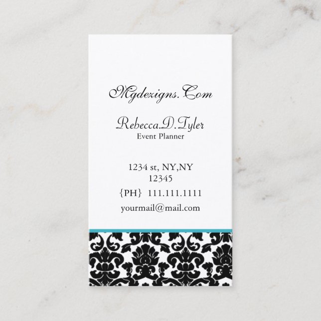 black and aqua damask Chic Business Cards (Front)