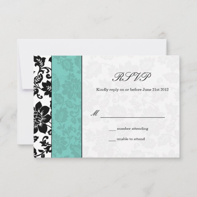 Black and Aqua Damask Wedding RSVP Card (Front)