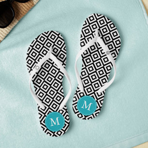 Black and Aqua Diamonds Monogrammed Flip Flops