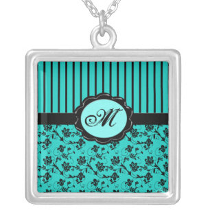 Black and Aqua Floral Striped Monogram Necklace