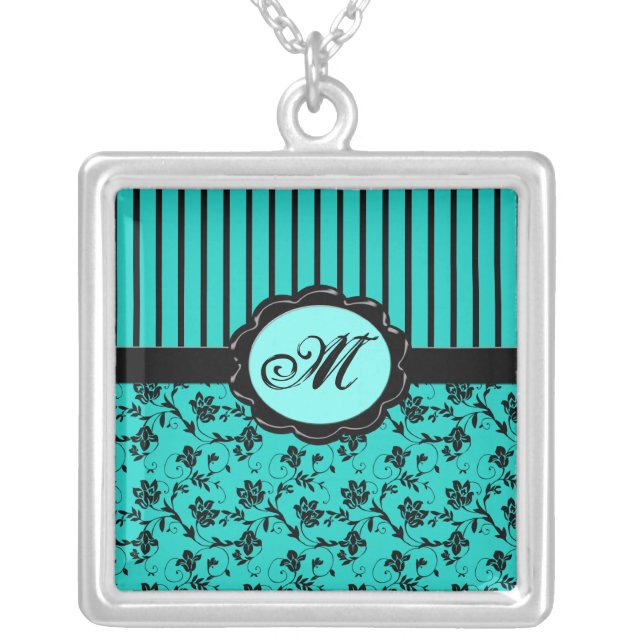 Black and Aqua Floral Striped Monogram Necklace (Front)