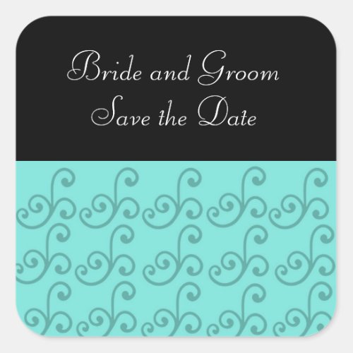 Black and Aqua Floral Swirl Save the Date Square Sticker