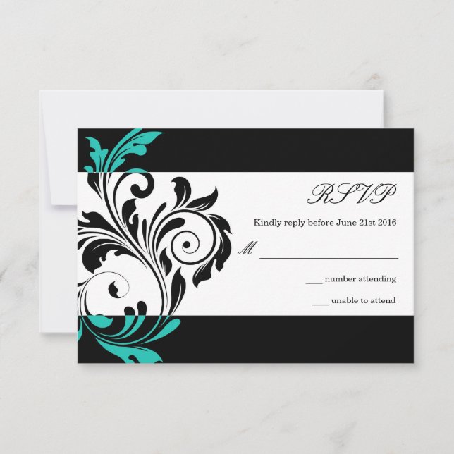 Black and Aqua Floral Swirl Wedding RSVP (Front)