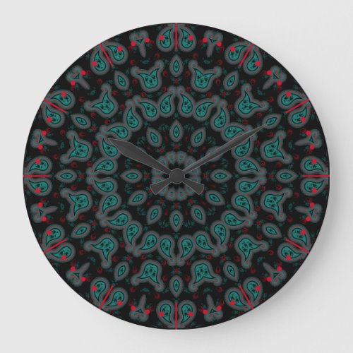 Black and Aqua Paisley Boho Pattern Large Clock