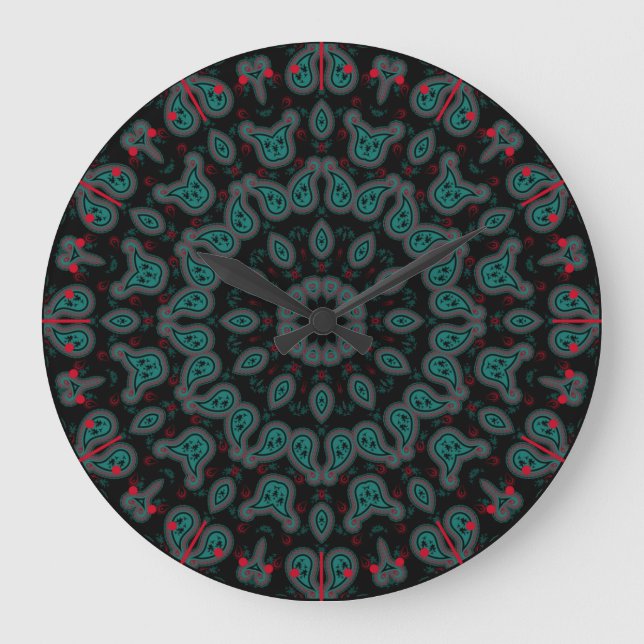 Black and Aqua Paisley Boho Pattern Large Clock (Front)
