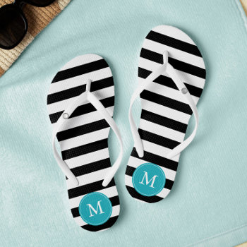 Black And Aqua Stripes Monogrammed Flip Flops by heartlocked at Zazzle