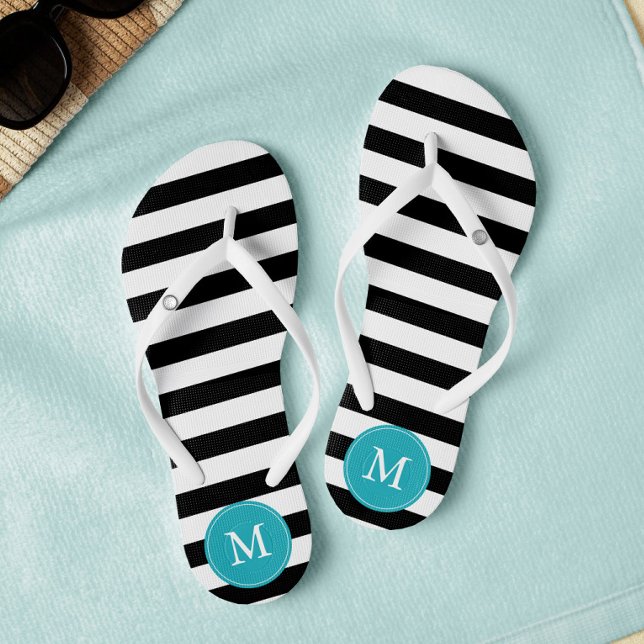 Black and Aqua Stripes Monogrammed Flip Flops (Creator Uploaded)