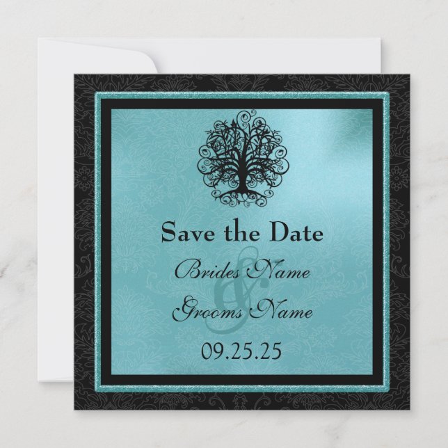 Black and Aqua Swirl Love Tree Wedding Save the Da Date (Front)