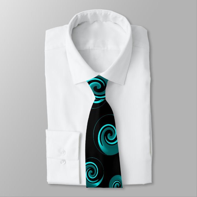 Black and Aqua Teal Swirls Neck Tie (Tied)
