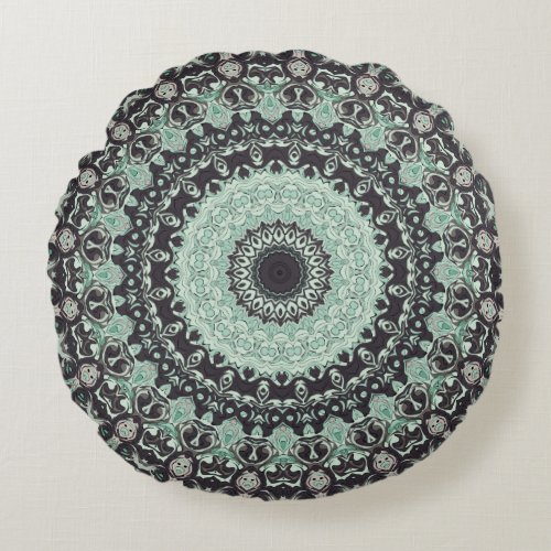 Black and Aquamarine Mandala Kaleidoscope Round Pillow