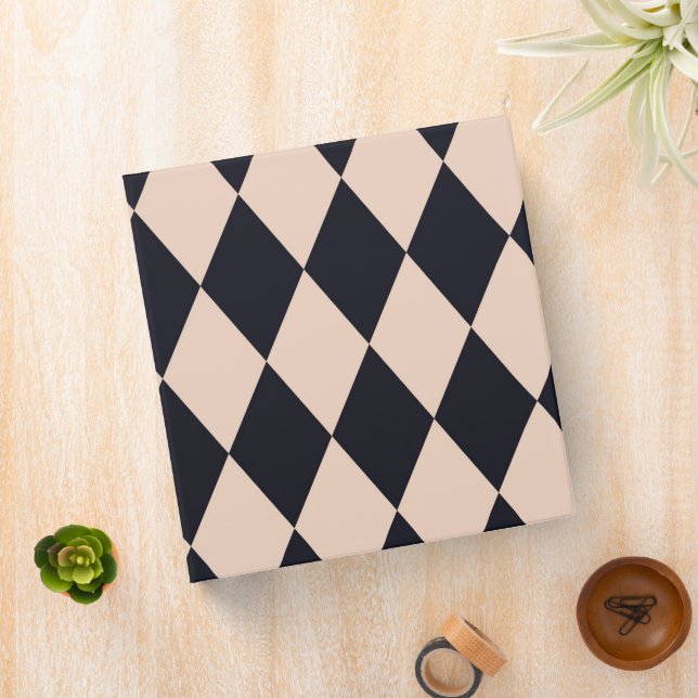 Black and Beige Argyle Diamond Stripe Pattern  3 Ring Binder (In Situ)
