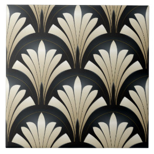 Black and Beige Art Deco Floral Fans Ceramic Tile