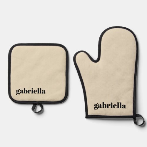 Black and Beige Bold Typography Personalized Name  Oven Mitt  Pot Holder Set