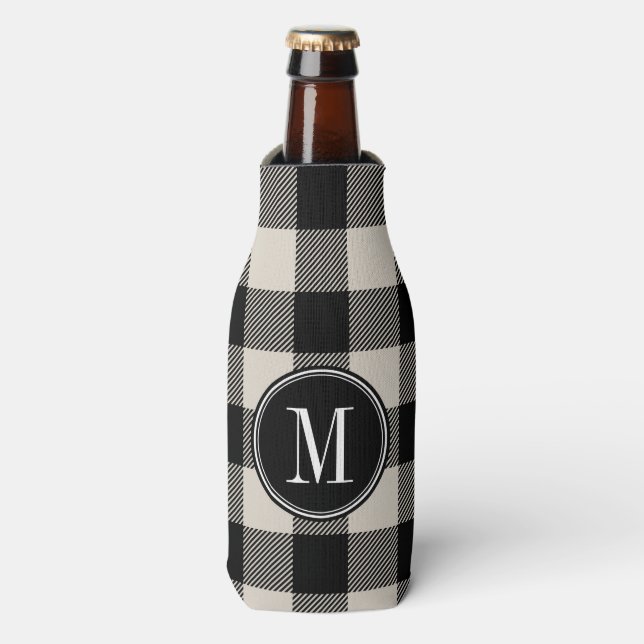 Black and Beige Buffalo Check Monogram Bottle Cooler (Bottle Front)