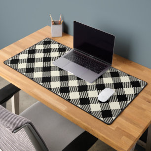 Black and Beige Diagonal Gingham Plaid Pattern Desk Mat