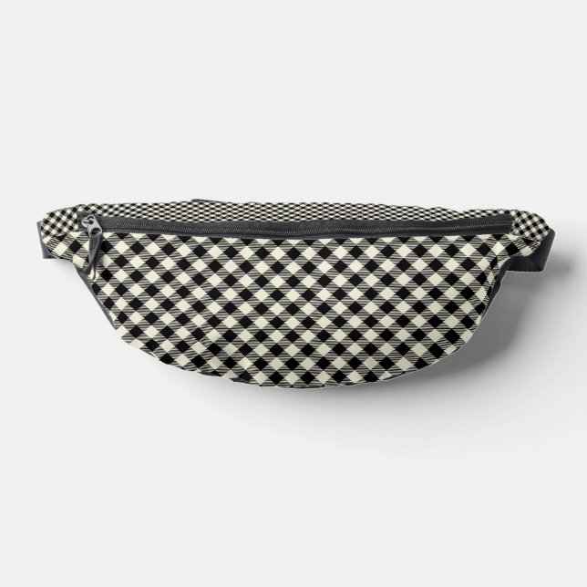 Black and Beige Diagonal Gingham Plaid Pattern Fanny Pack (Lay Down)