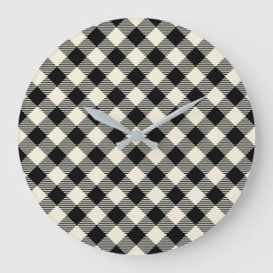 Black and Beige Diagonal Gingham Plaid Pattern Large Clock