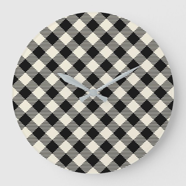 Black and Beige Diagonal Gingham Plaid Pattern Large Clock (Front)