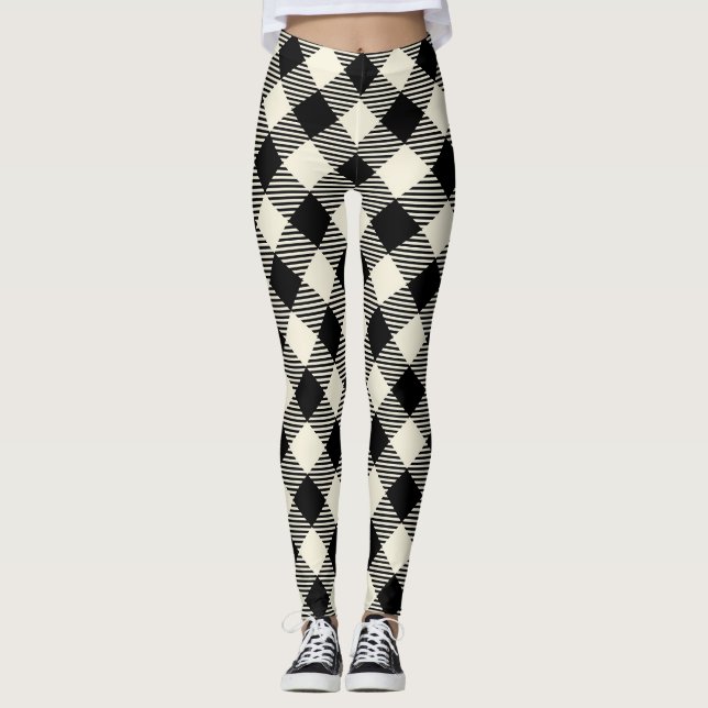 Black and Beige Diagonal Gingham Plaid Pattern Leggings (Front)