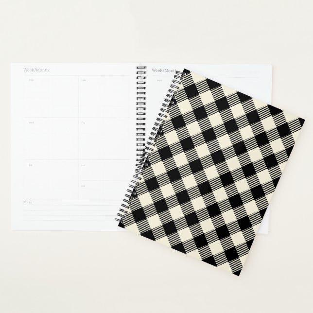 Black and Beige Diagonal Gingham Plaid Pattern Planner (Display)