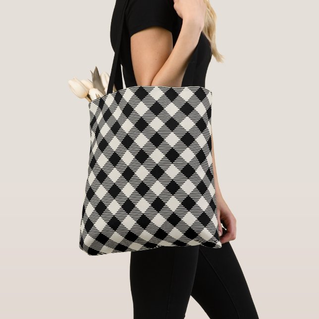 Black and Beige Diagonal Gingham Plaid Pattern Tote Bag (Close Up)